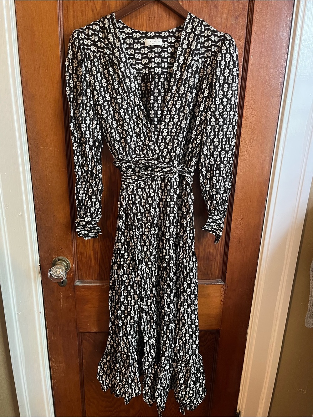 Sandro Paris Serene Wrap Dress Black and White Flowers $490